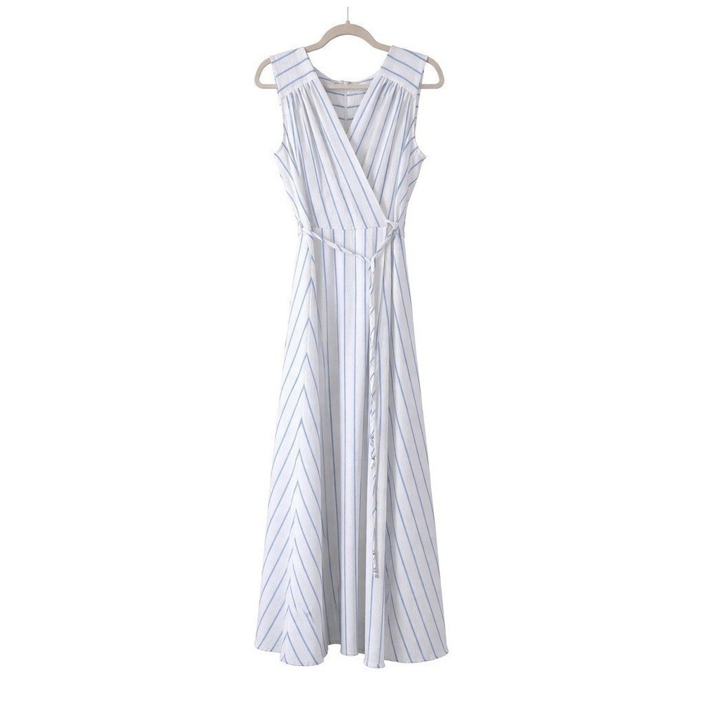 Calvin Klein Maxi Size 12 Blue Striped Sleeveless Coastal Chic Seersucker Dress